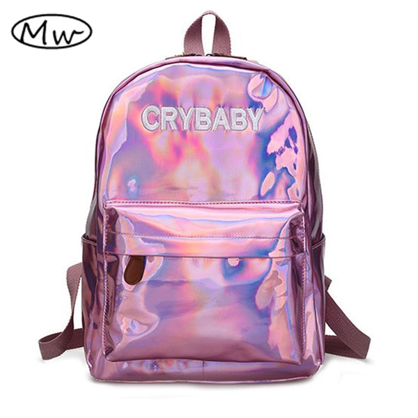 Moon Wood Harajuku Embroidery Letters Crybaby Hologram Laser Backpack Women Soft PU Leather Backpack School Bags For Girls