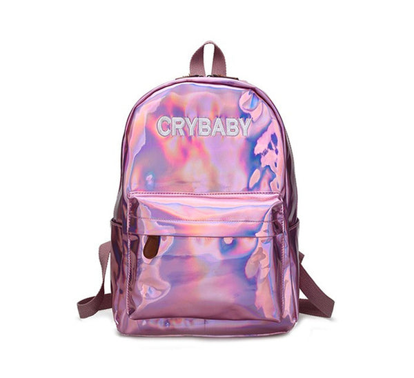 Moon Wood Harajuku Embroidery Letters Crybaby Hologram Laser Backpack Women Soft PU Leather Backpack School Bags For Girls