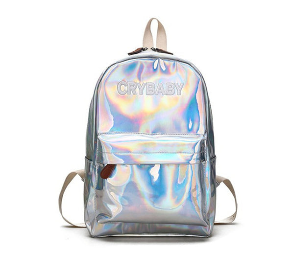 Moon Wood Harajuku Embroidery Letters Crybaby Hologram Laser Backpack Women Soft PU Leather Backpack School Bags For Girls