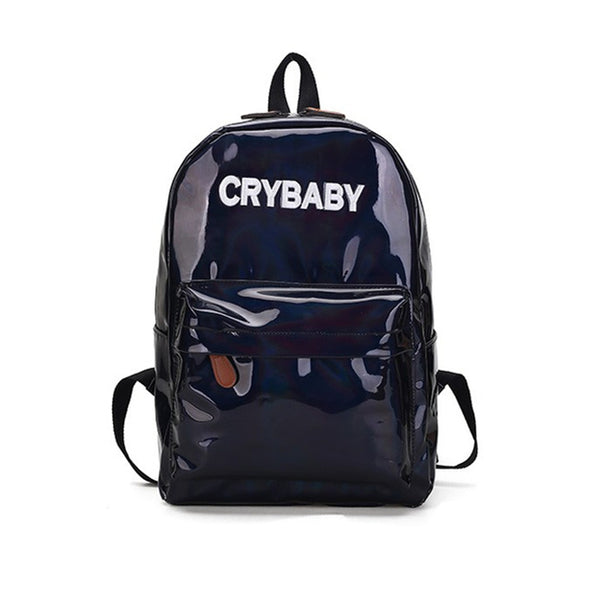 Moon Wood Harajuku Embroidery Letters Crybaby Hologram Laser Backpack Women Soft PU Leather Backpack School Bags For Girls