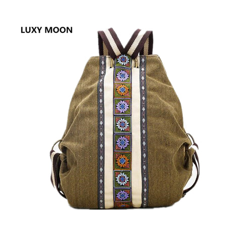 Luxy Moon sac a dos Ethnic Canvas Backpacks for Women Embroidery Patchwork Vintage Drawstring Bag Travel Boho anti theft Mochila